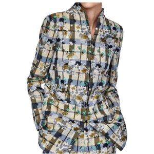 Zara Plaid Floral Blazer Size L Long Jacquard Asian Inspired Mandarin Collar